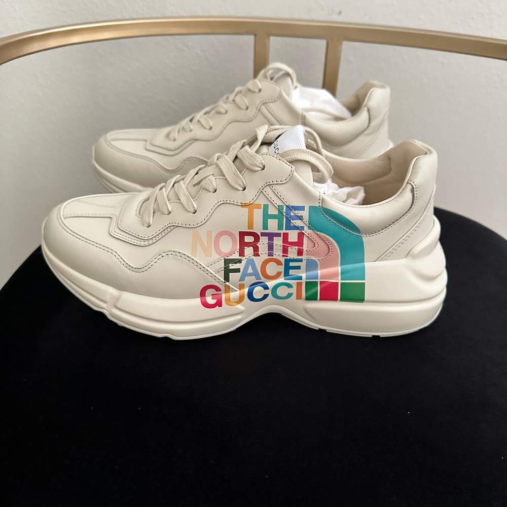 Gucci Cream Leather Sneakers with Multicolor North Face Logo